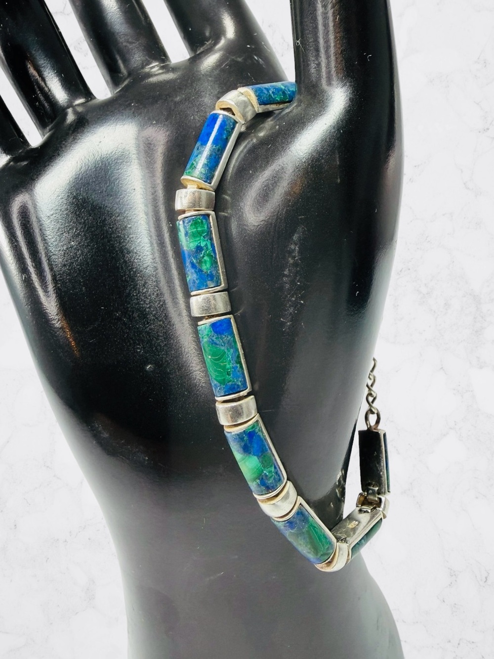 Sterling Silver 925 Eilat Stone Azurite Malachite Bracelet 7” Southwest Tribal